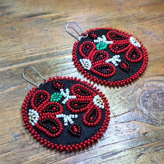 Cranberry Red Beaded Métis Floral Round Dangling Earrings | Earth & Wild