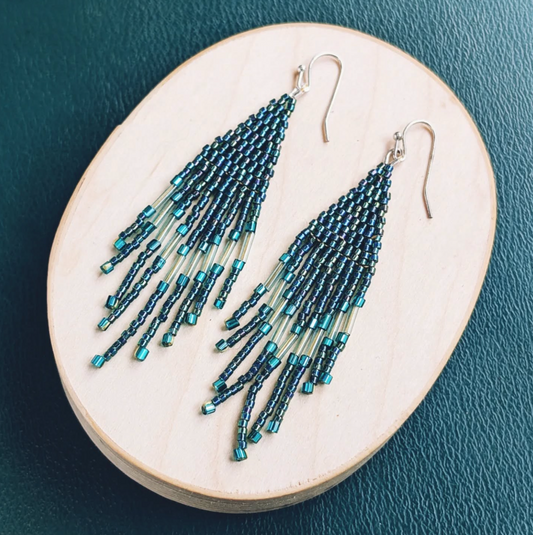 Tidal Wave Teal Beaded Fringe Earrings