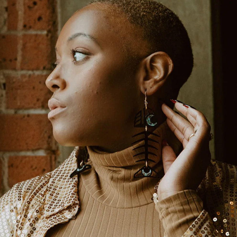 Salmon Ghost Medium Earrings in Black  | Copper Canoe Woman