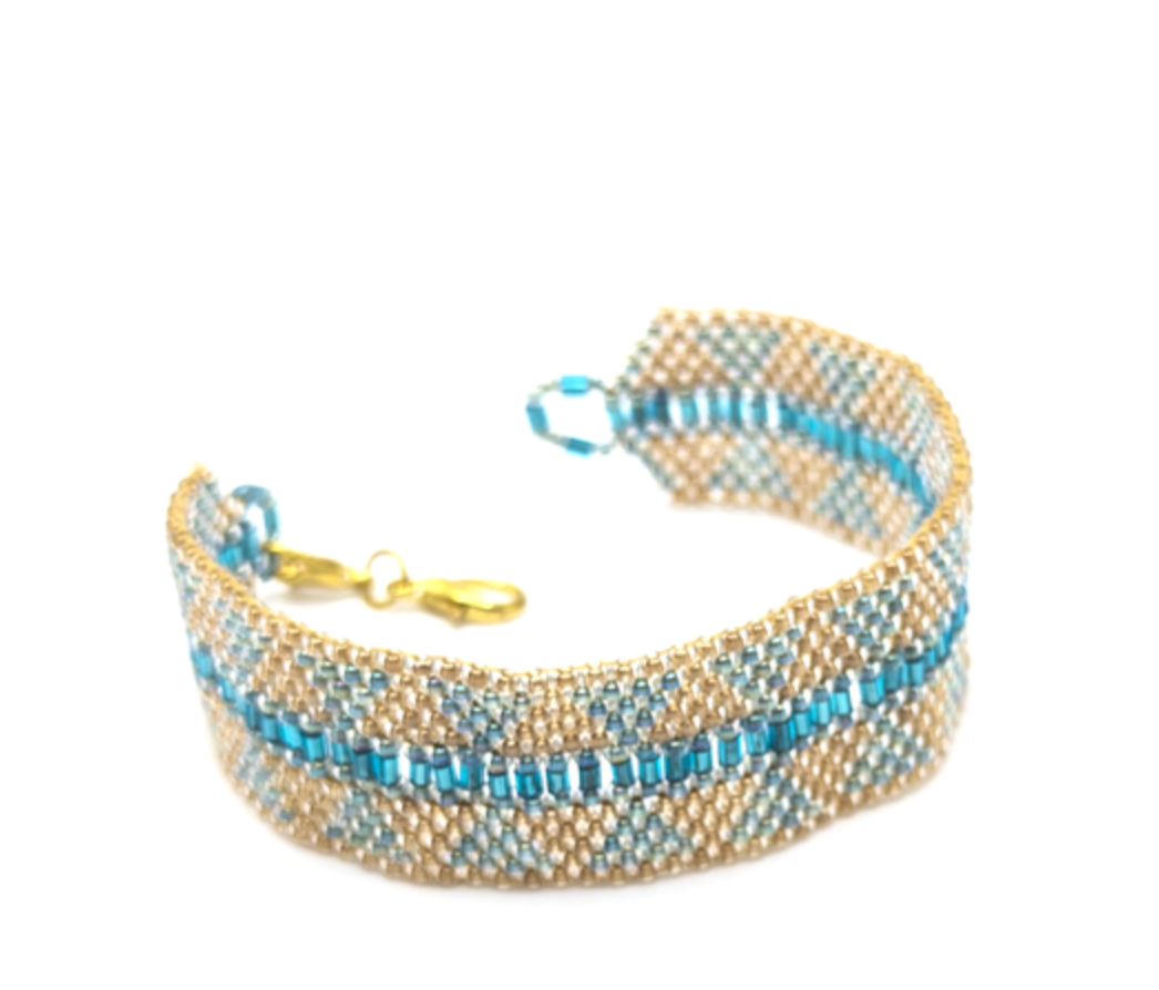 Geometric Teal & Wheat Beaded Bracelet