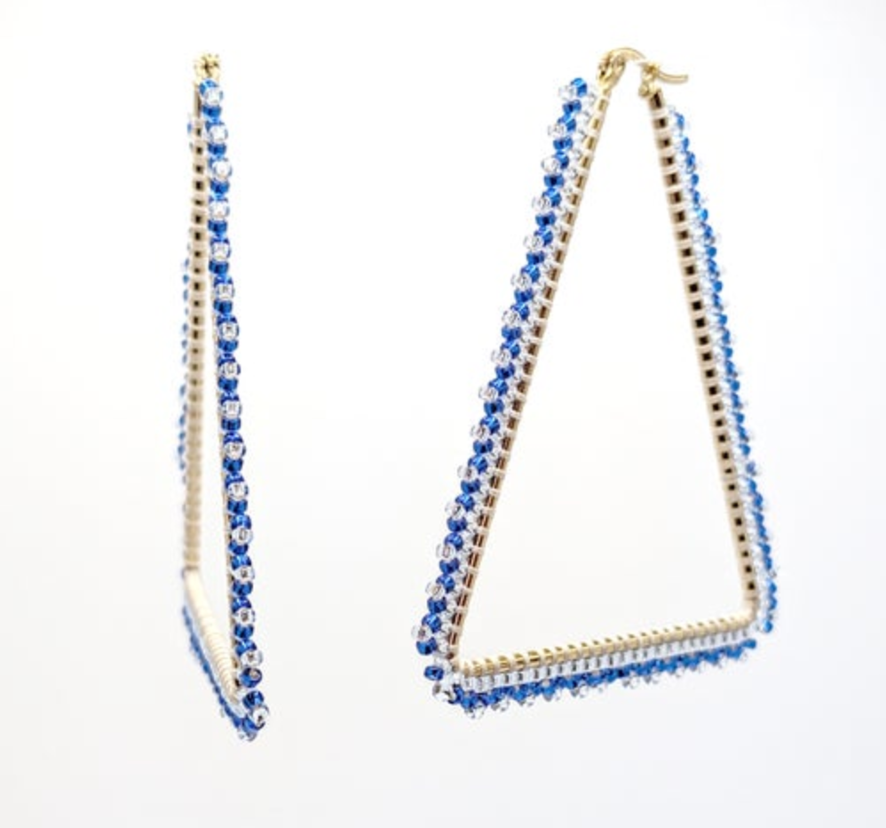 Beaded Triangle Cobalt Blue Gold Hoop Earrings