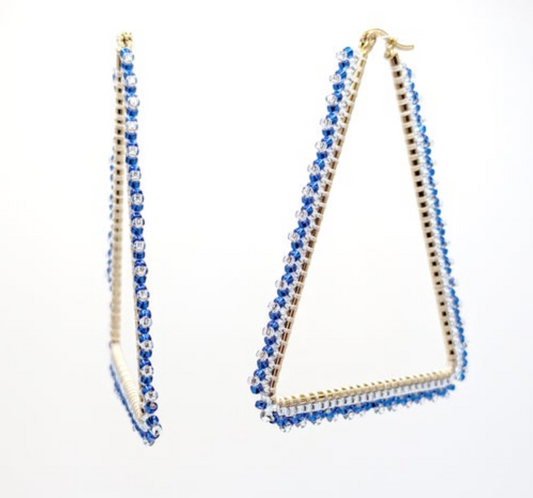 Beaded Triangle Cobalt Blue Gold Hoop Earrings