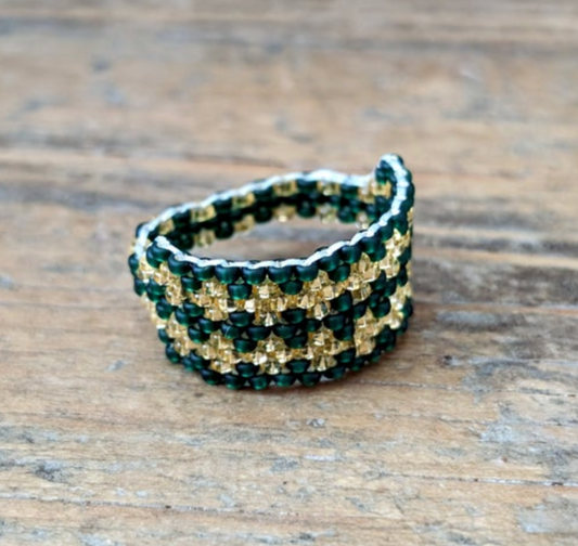 Geometric Green & Gold Beaded Facade Ring