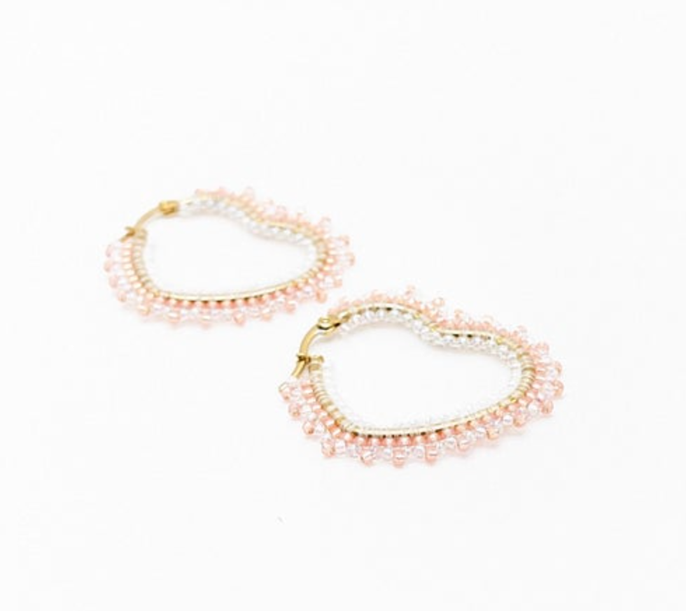 Iridescent & Pink Beaded Heart Hoop Earrings