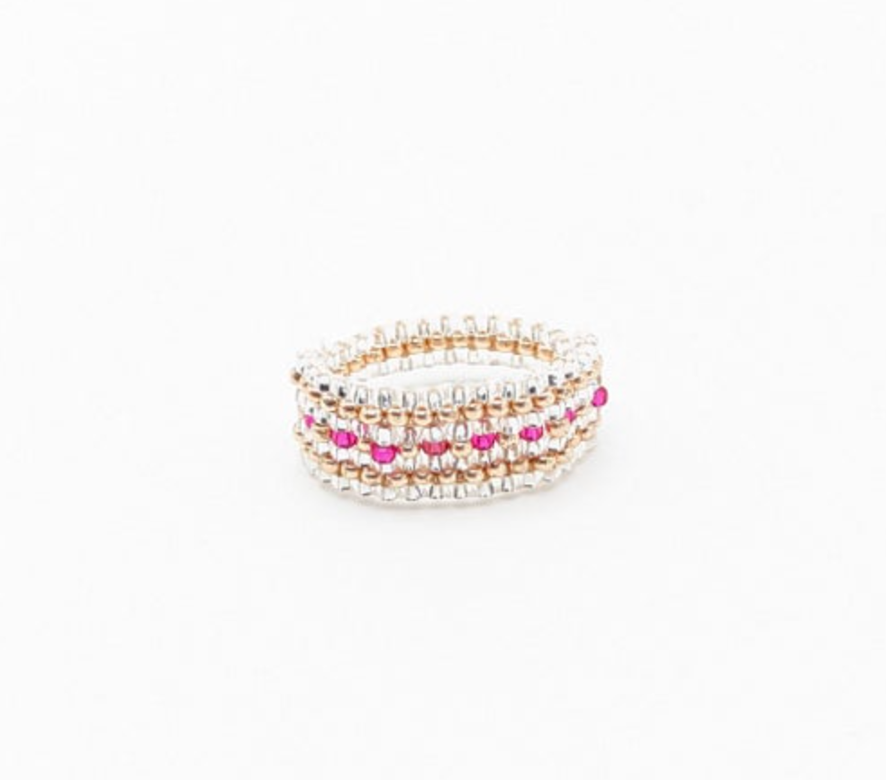 Gold & Iridescent Beaded Ring with Hot Pink Accents