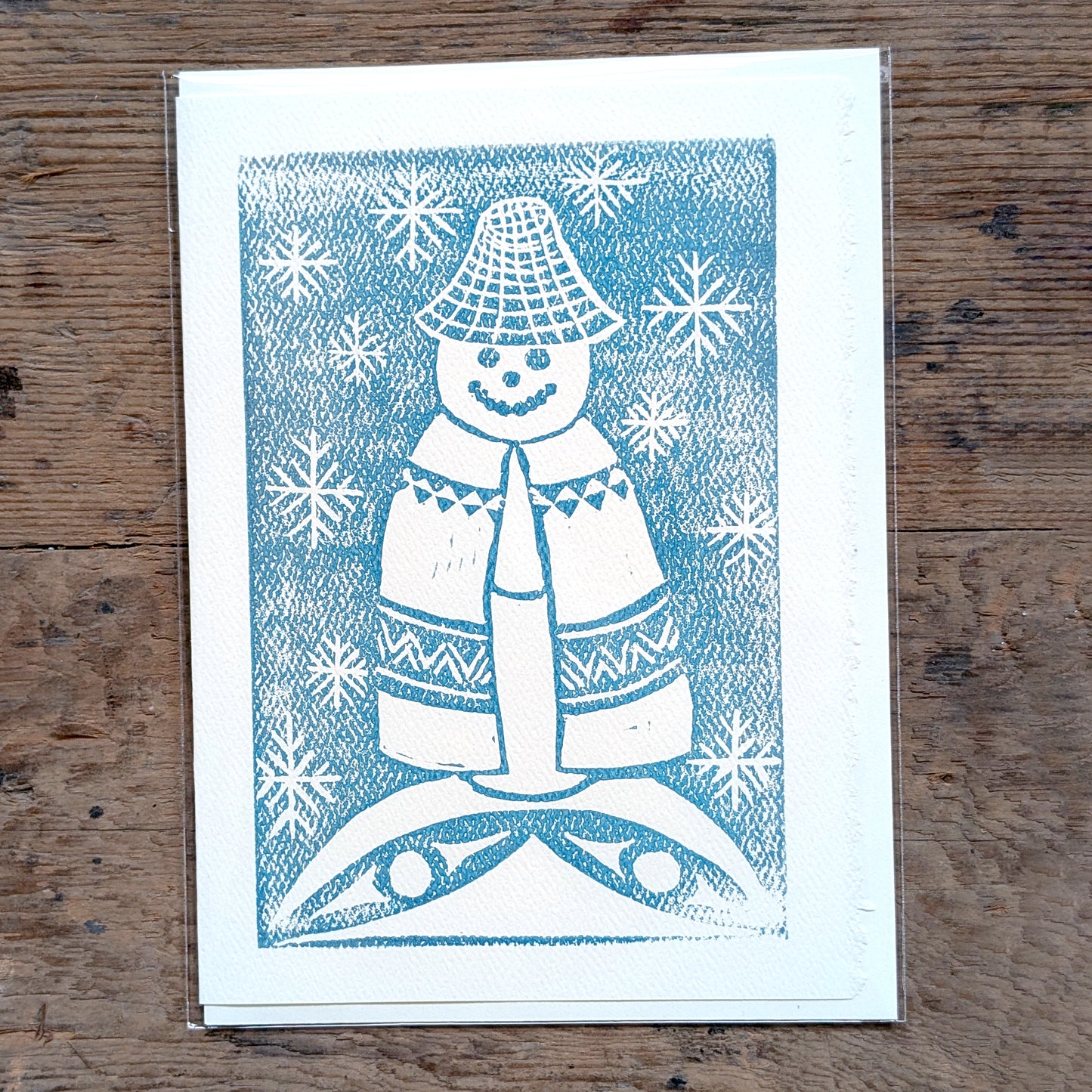 Snowman Coast Salish Serigraph Print Greeting Card in Teal