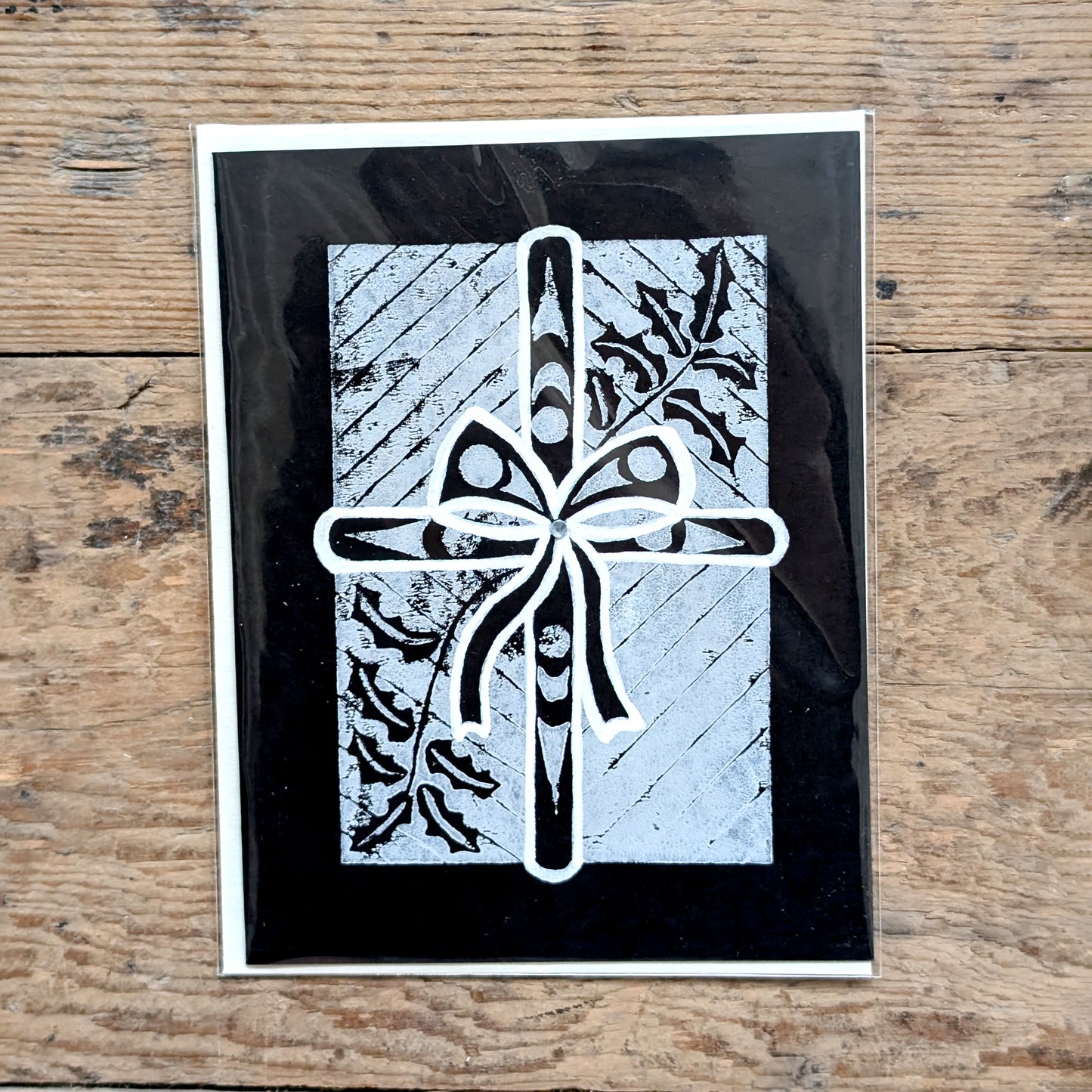 Coast Salish Gift Box Lino Cut Greeting Card in Black