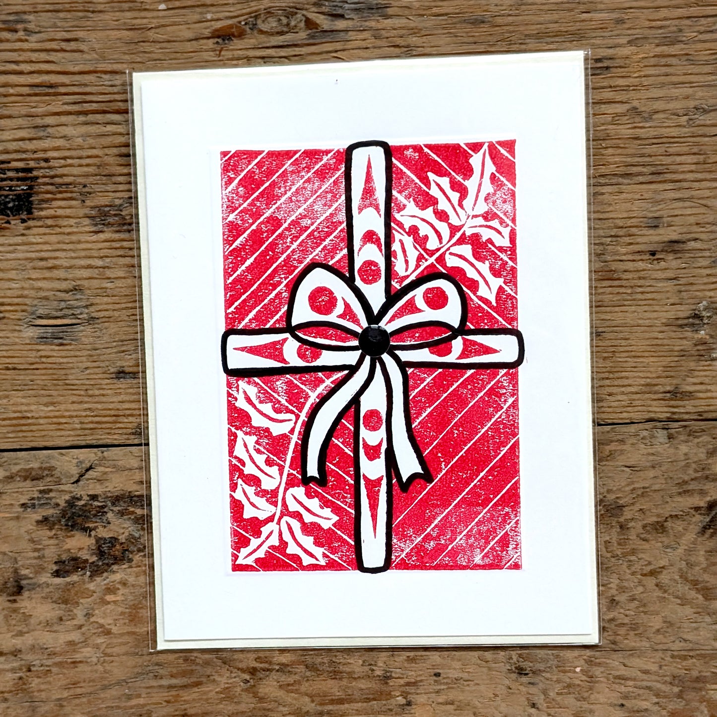 Coast Salish Gift Box Lino Cut Greeting Card in Red