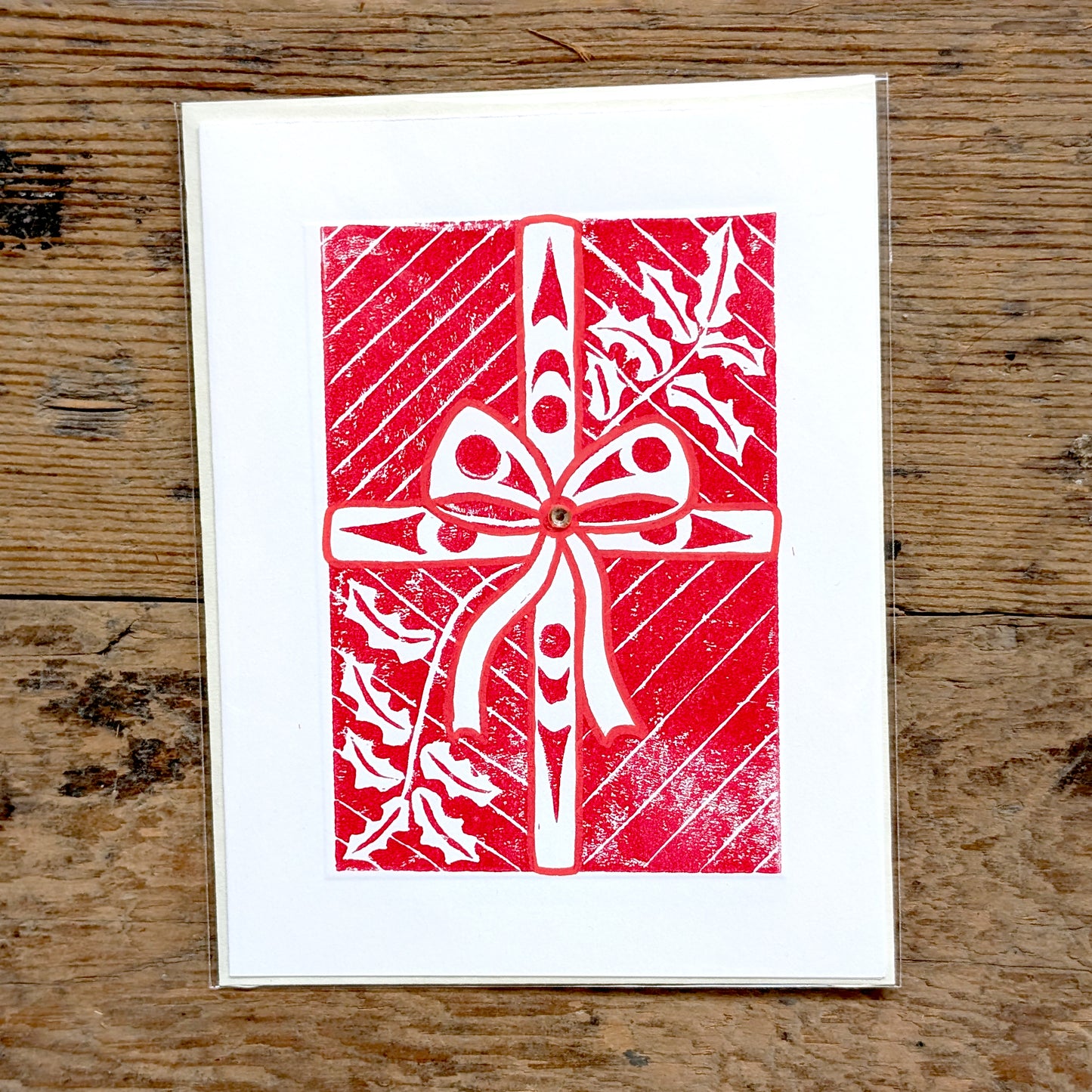 Coast Salish Gift Box Lino Cut Greeting Card in Red