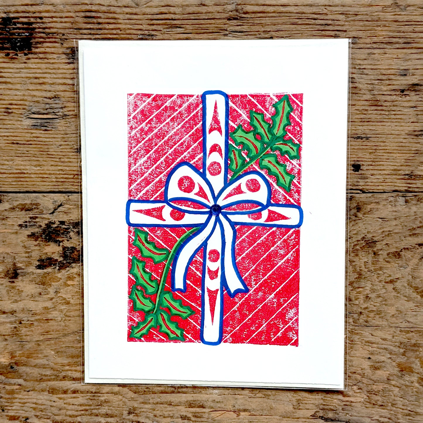 Coast Salish Gift Box Lino Cut Greeting Card in Red