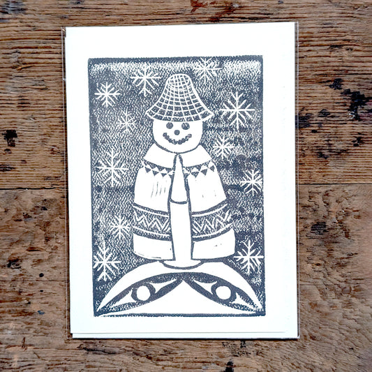 Snowman Coast Salish Serigraph Print Greeting Card in Grey