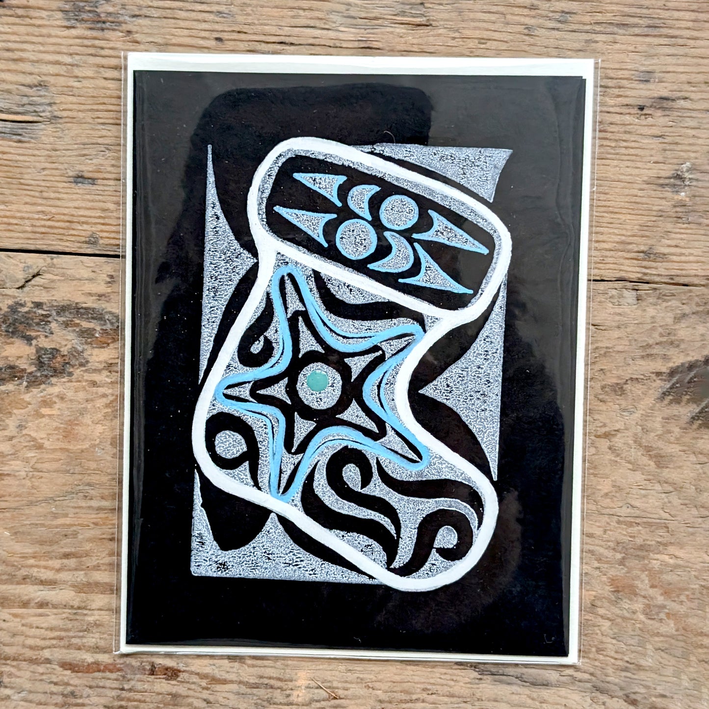 Coast Salish Stocking Lino Cut Greeting Card in Black