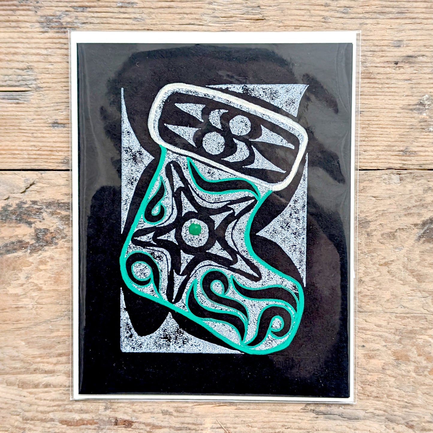 Coast Salish Stocking Lino Cut Greeting Card in Black