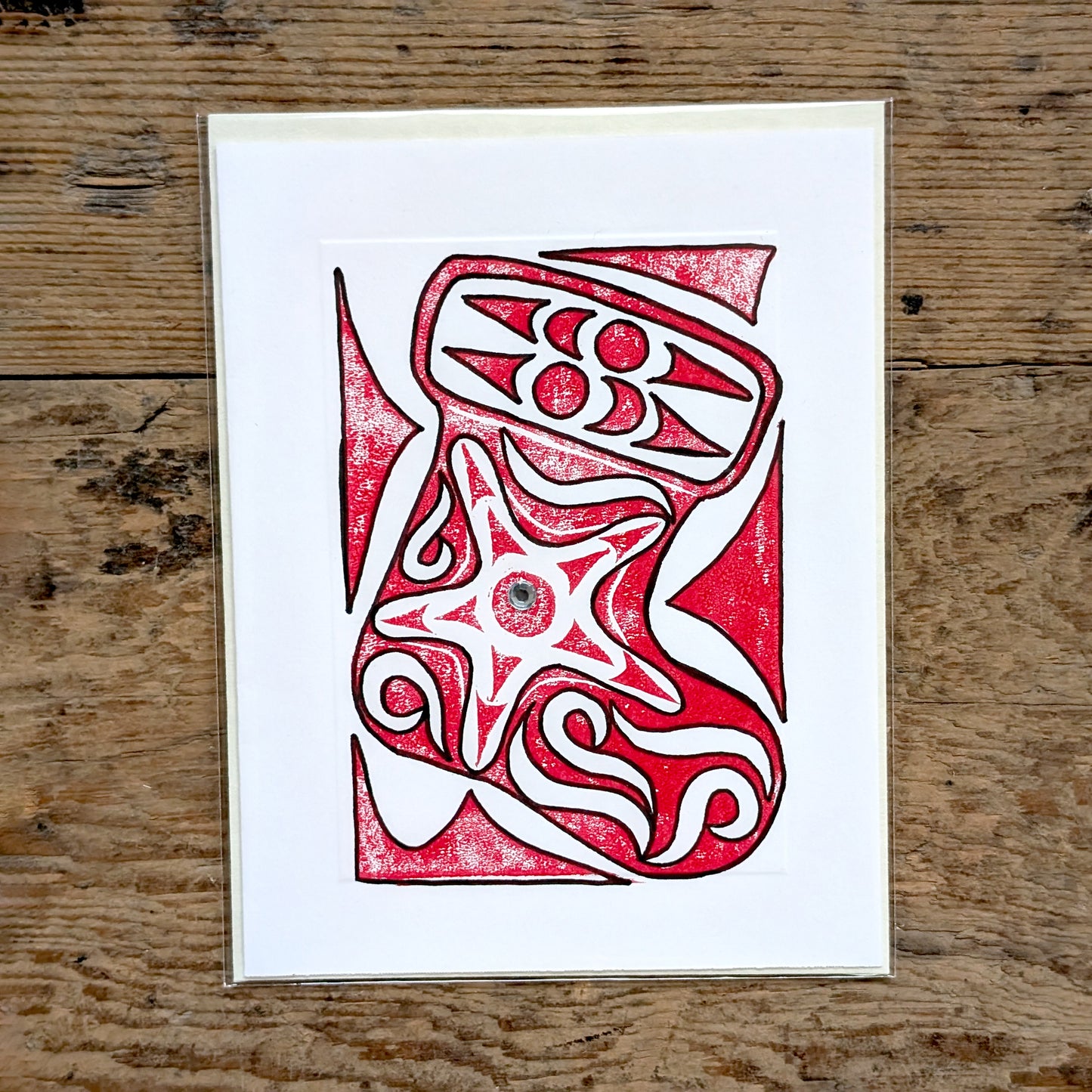 Coast Salish Stocking Lino Cut Greeting Card in White