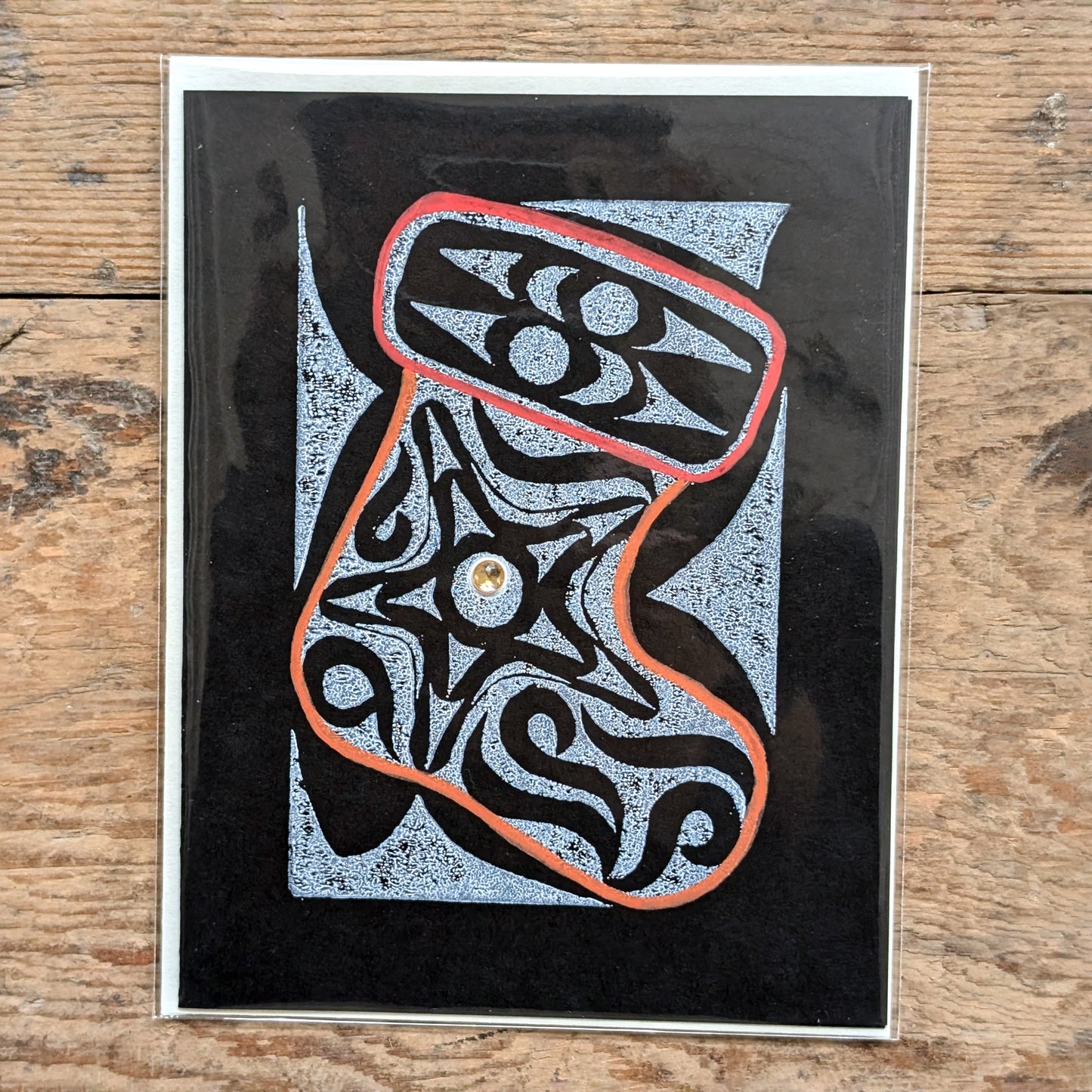 Coast Salish Stocking Lino Cut Greeting Card in Black