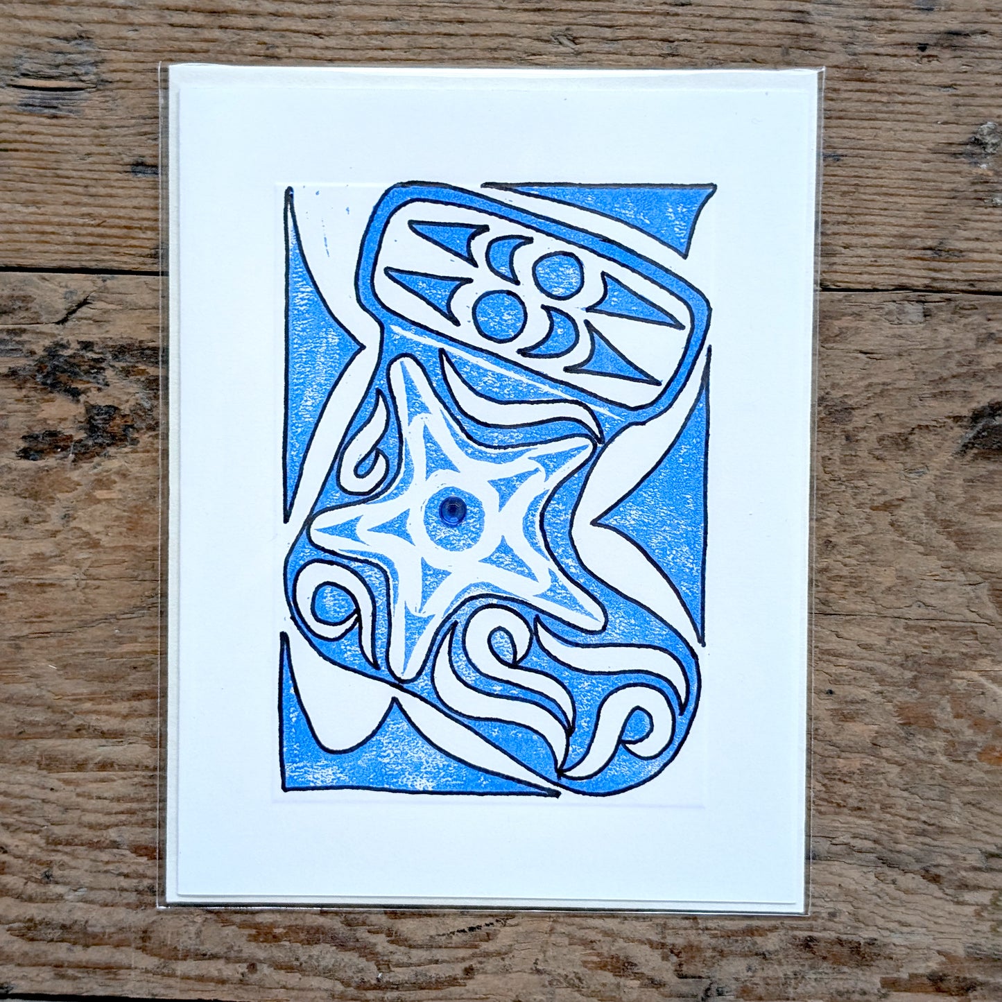 Coast Salish Stocking Lino Cut Greeting Card in White