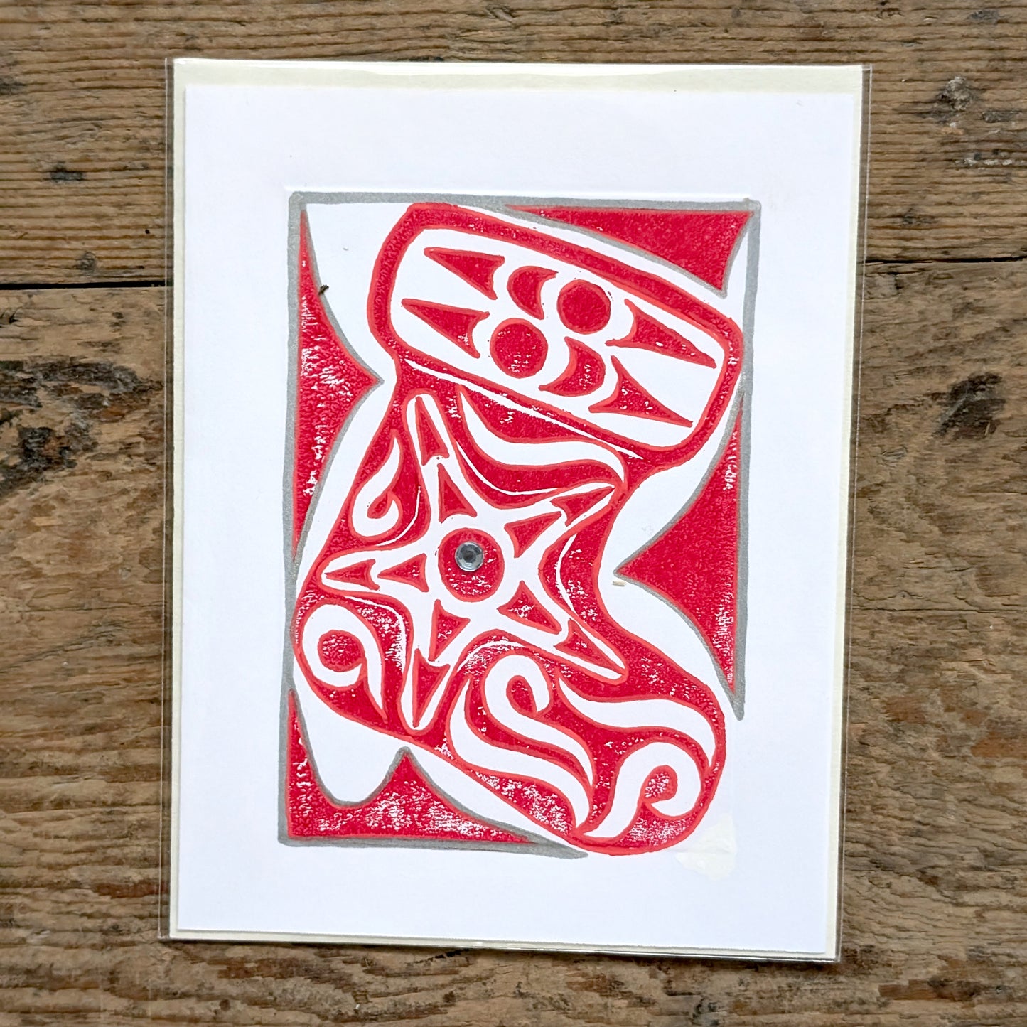 Coast Salish Stocking Lino Cut Greeting Card in White