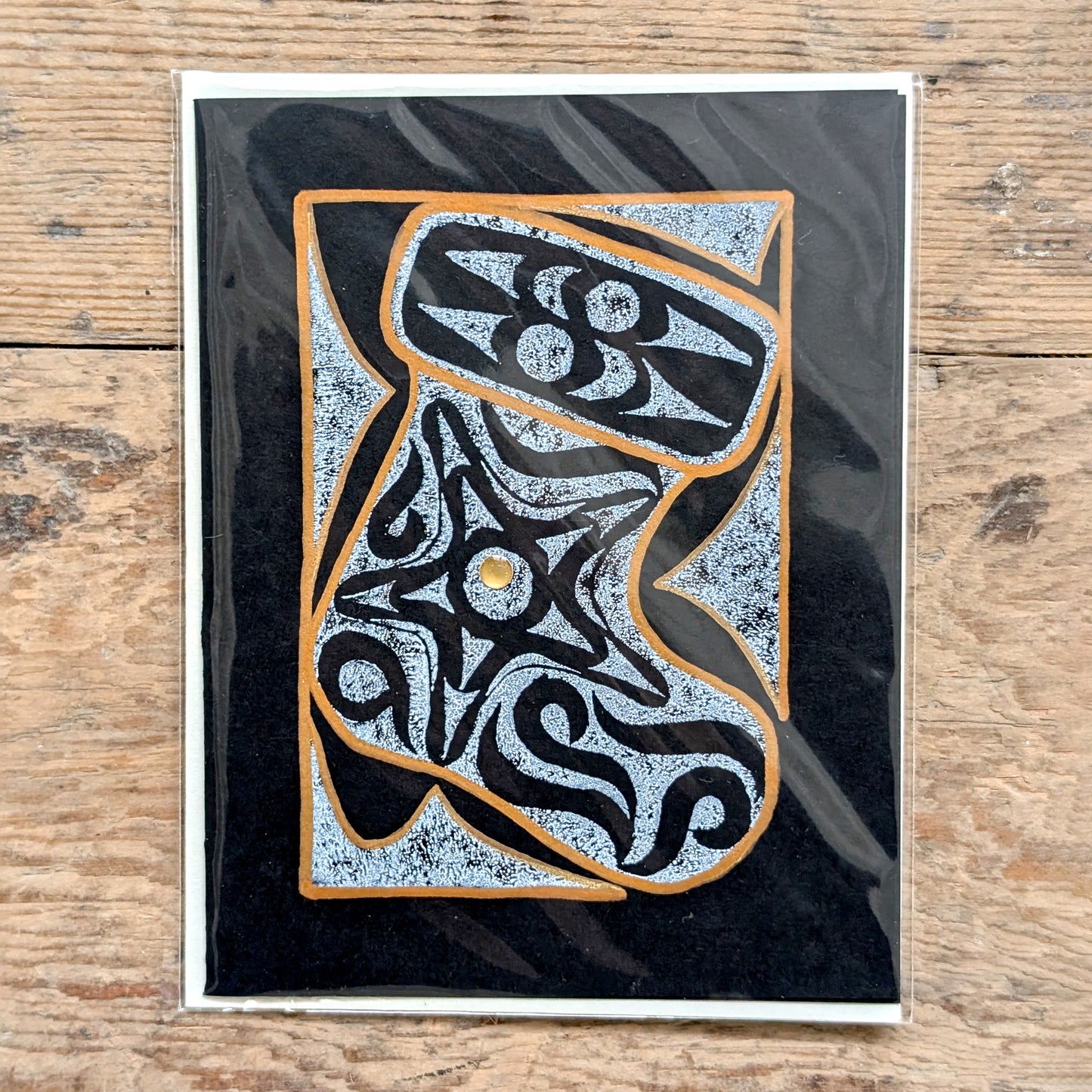 Coast Salish Stocking Lino Cut Greeting Card in Black