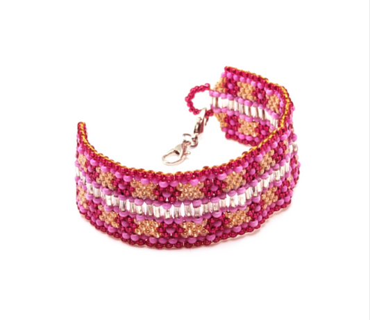 Pink & Silver Ditsy Floral Beaded Bracelet