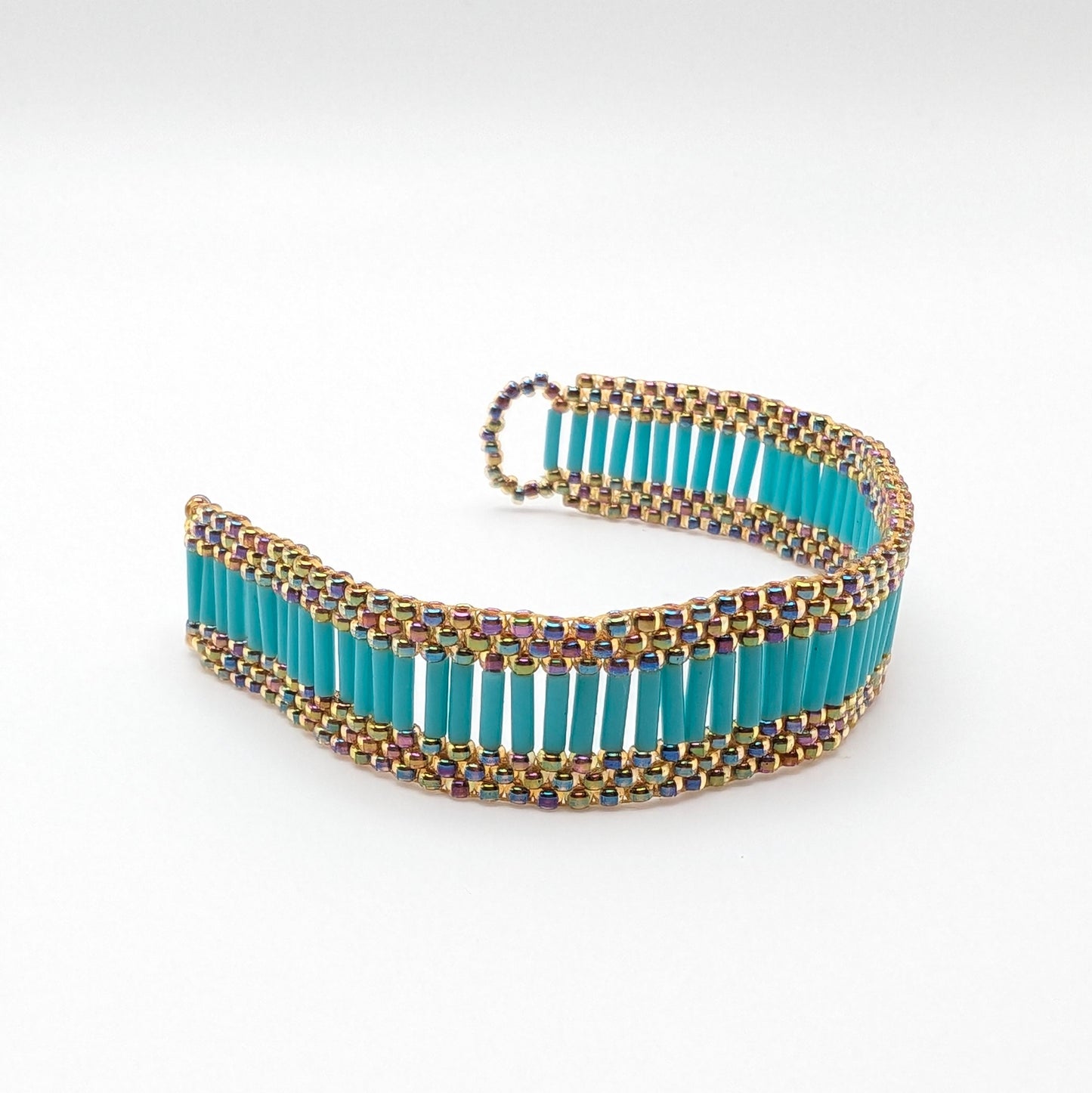 Rainbow Iridescent Beaded Bracelet with Teal Bugles