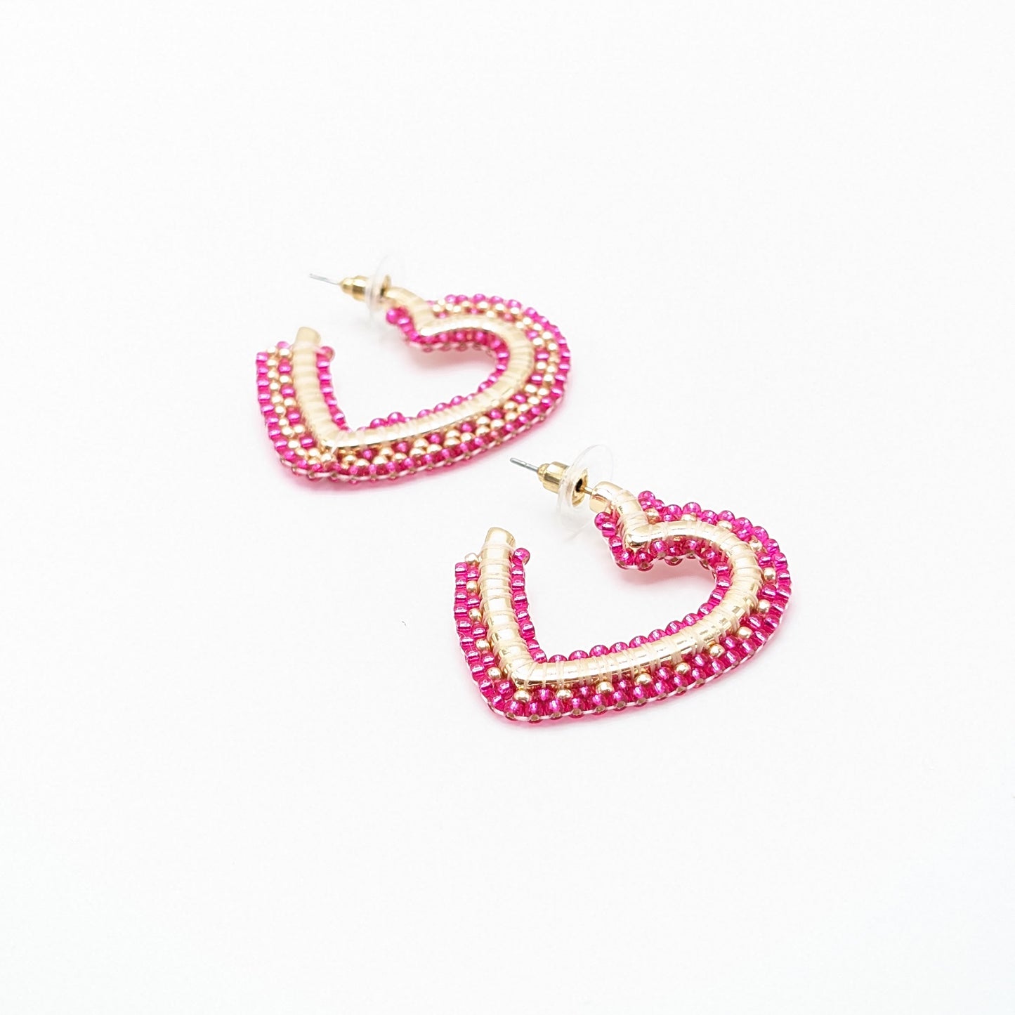 Hot Pink Beaded Gold Heart Hoop Earrings