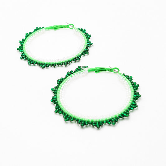 Neon Green & Iridescent Beaded Hoop Earrings