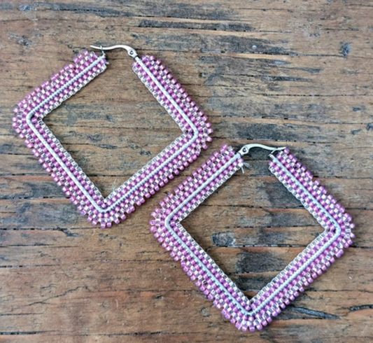 Pink & Silver Square Diamond Hoop Earrings