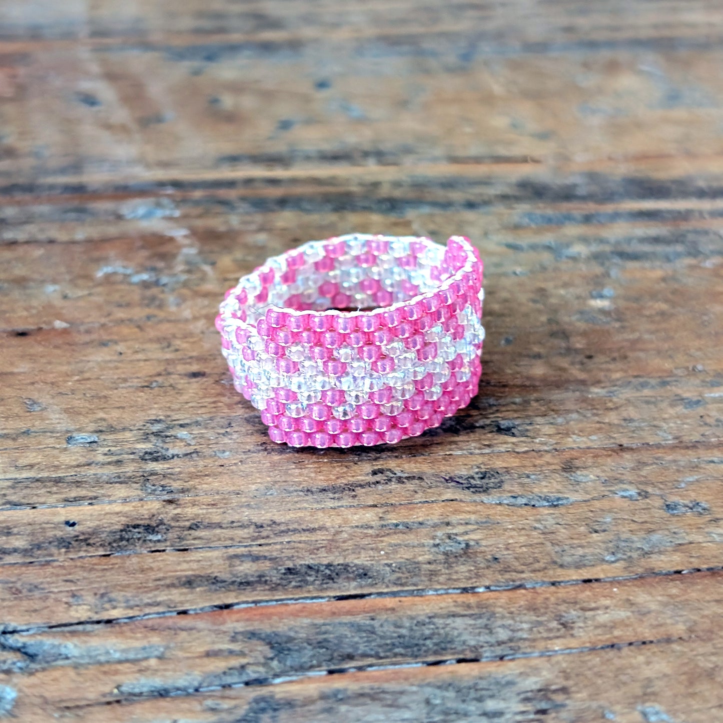 Matte Pink and Silver Bugle Beaded Ring