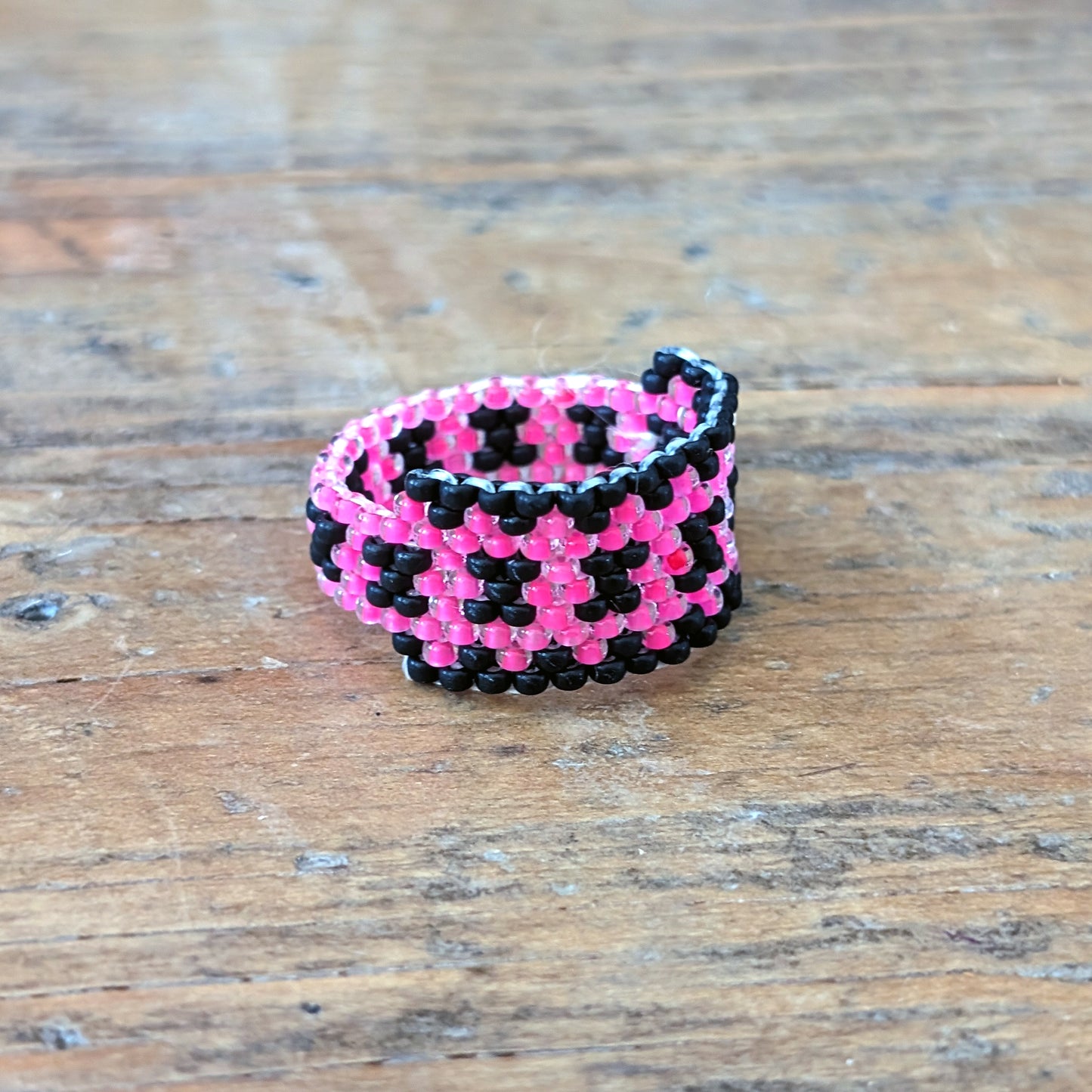 Matte Punk Pink & Black "X" Beaded Ring