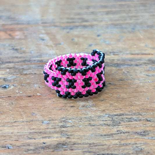 Matte Punk Pink & Black "X" Beaded Ring