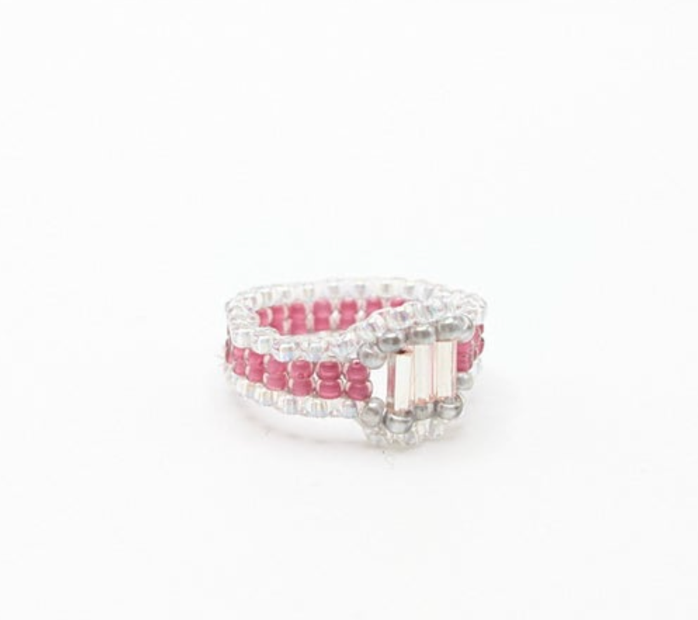 Pink and Silver Bugle Beaded Ring with Silver Bugle Accent