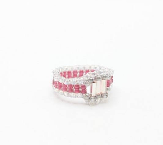 Pink and Silver Bugle Beaded Ring with Silver Bugle Accent