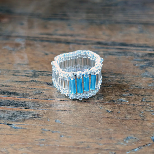 Beaded Ring with Pale Blue Bugles