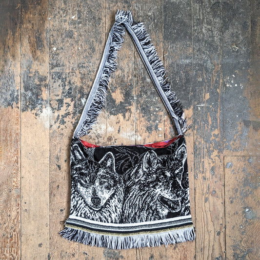 Two Wolves Up-Cycled Blanket Drum Bag