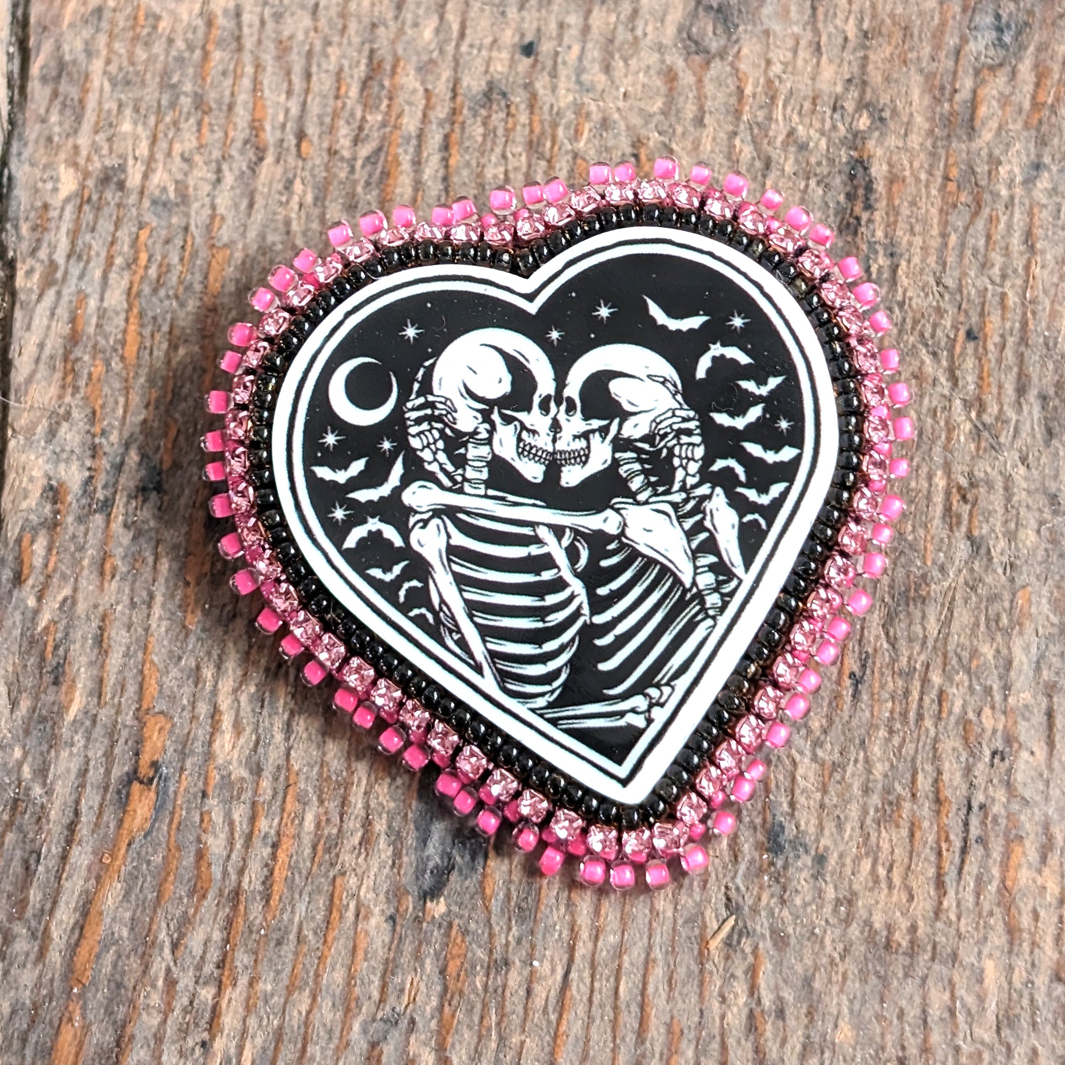 Skeleton Kiss Hot Pink Beaded Rhinestone Brooch Pin