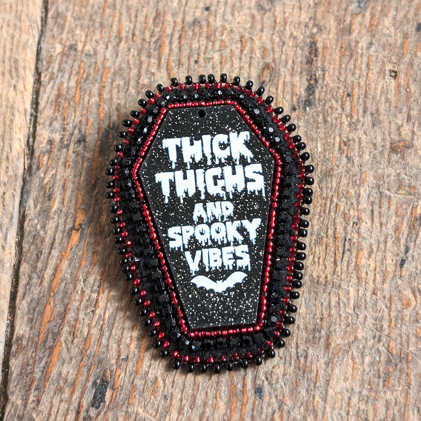 Thick Thighs and Spooky Vibes Red Beaded Brooch Pin