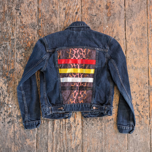 Leopard Print & Medicine-Ribbon Up-Cycled Denim Jacket