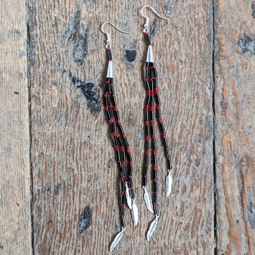 Black Fringe Earrings with Silver Feathers