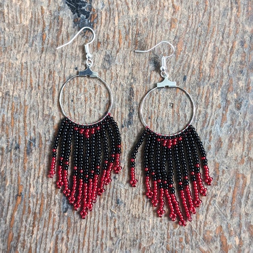 Silver Circle Black and Red Fringe Earrings