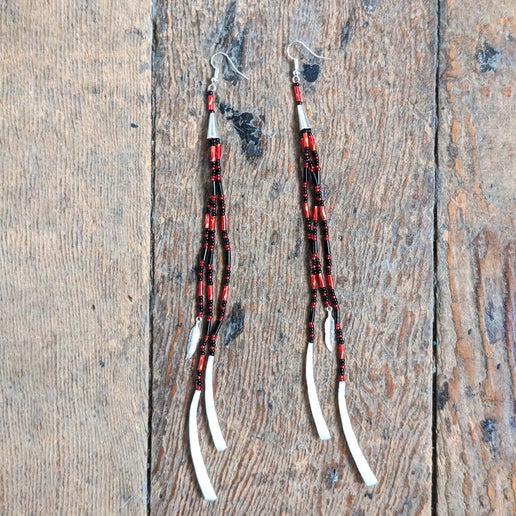 Dentalium with Silver Cone & Feather Fringe Earrings