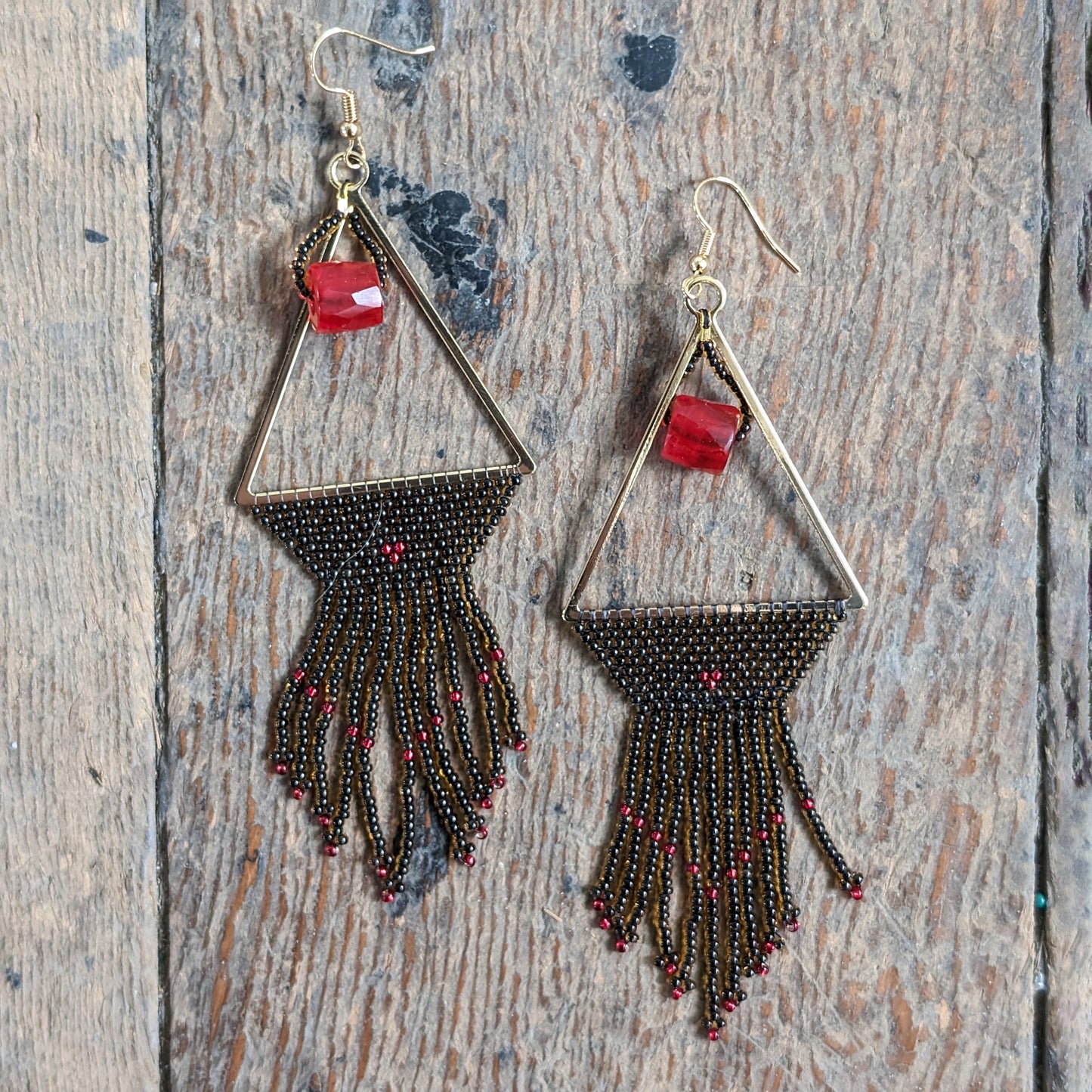 Red Trade Bead Golden Earthy Beaded Geometric Fringe Earrings