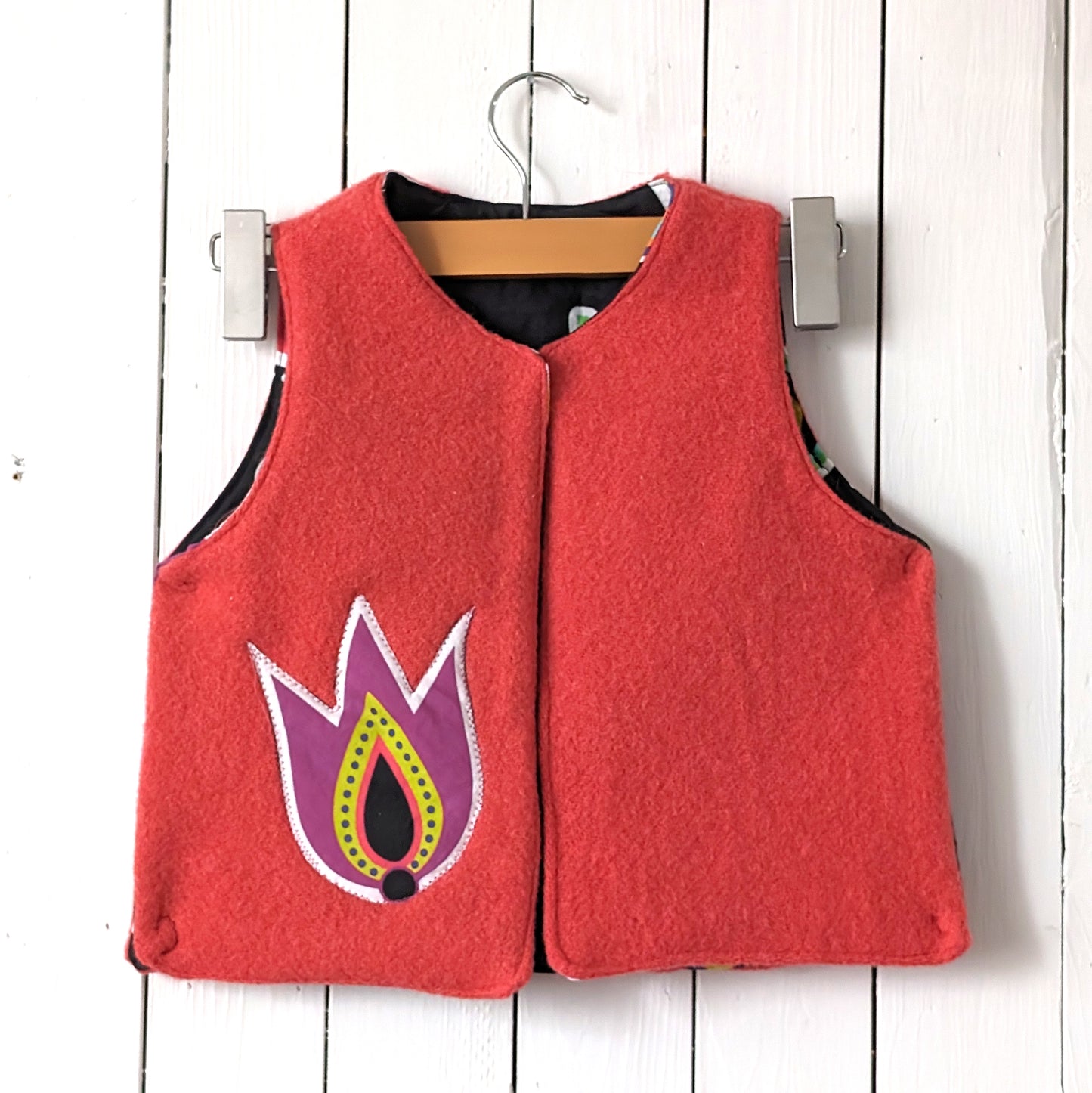 Kid's Reversible Up-Cycled Wool Vest with Metis Floral Design & Tulip Patch