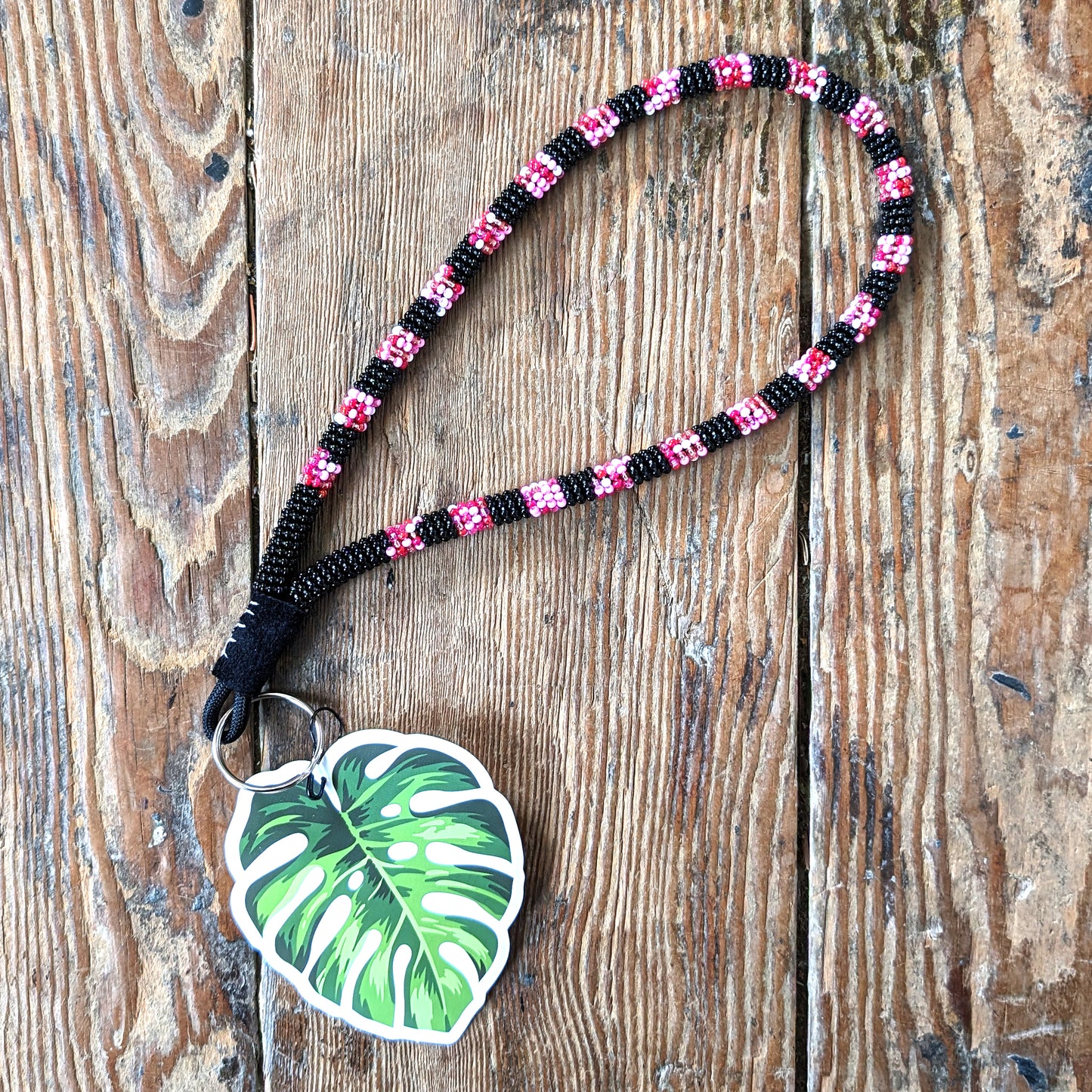 Black & Pink Striped Beaded Wristlet