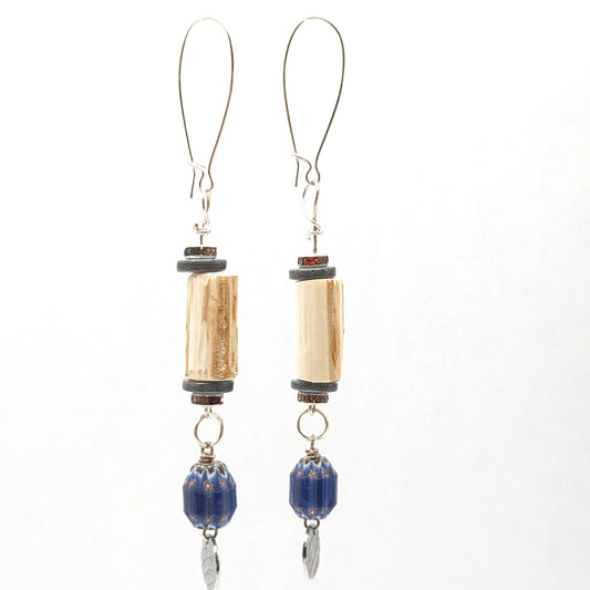 Blue Bead & Devil's Club Dangling Earrings