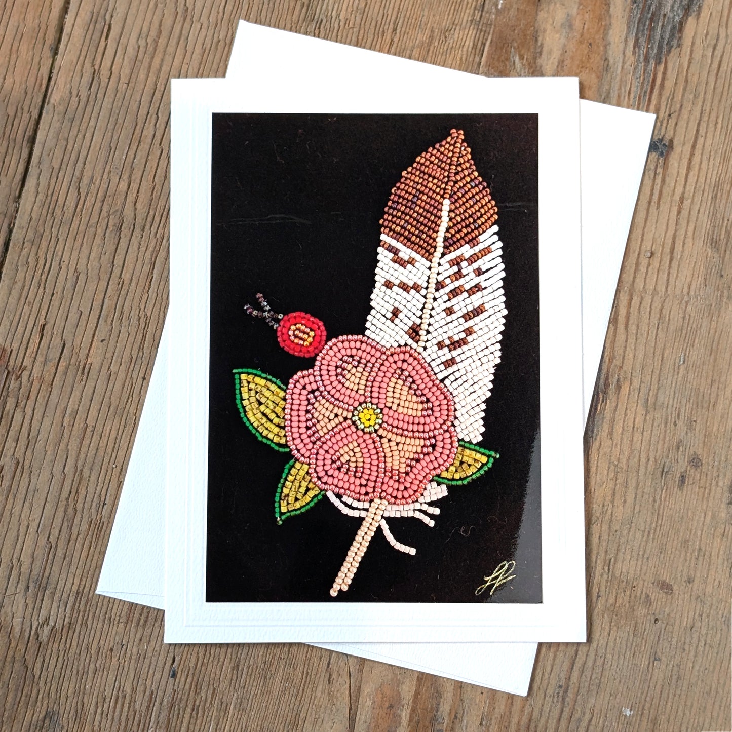 Metis Beaded Feather & Rose Photographic Greeting Card