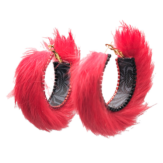 Red Rabbit Fur Black Rhinestone Trim Earrings