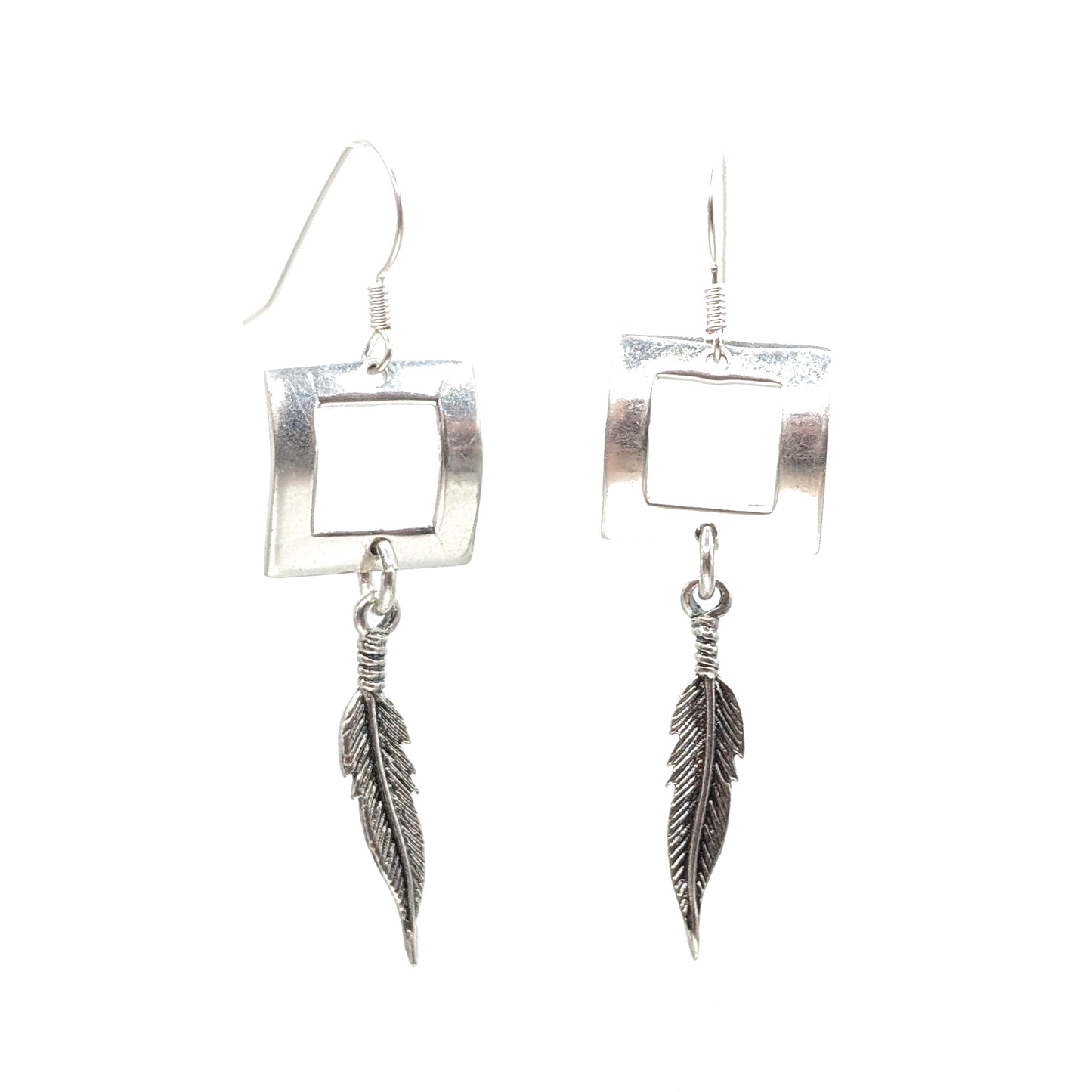 Square Frame & Feather Sterling Silver Earrings