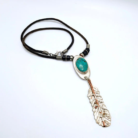 Sterling Silver Turquoise & Feather Pendant Necklace